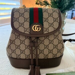 Gucci Beige and Brown GG Backpack with Green and Red Stripe